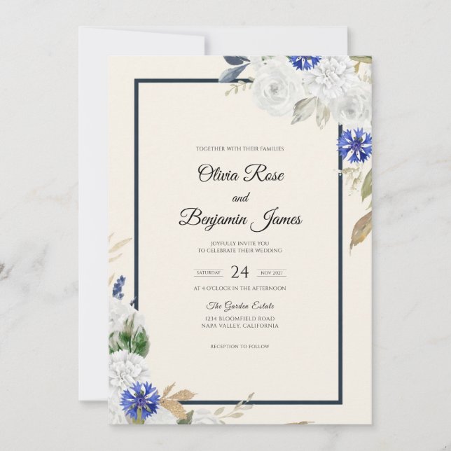 Navy Hydrangea Sage Wedding Invitation (Front)