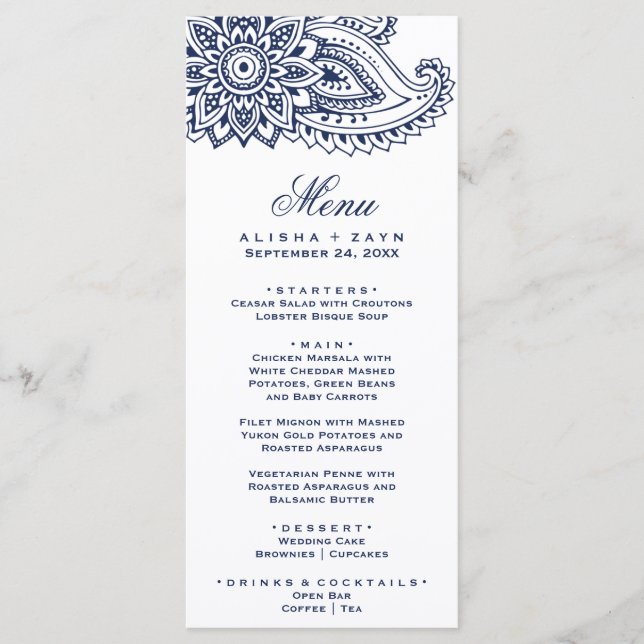Navy Indian Paisley Dinner Menu Card (Front)