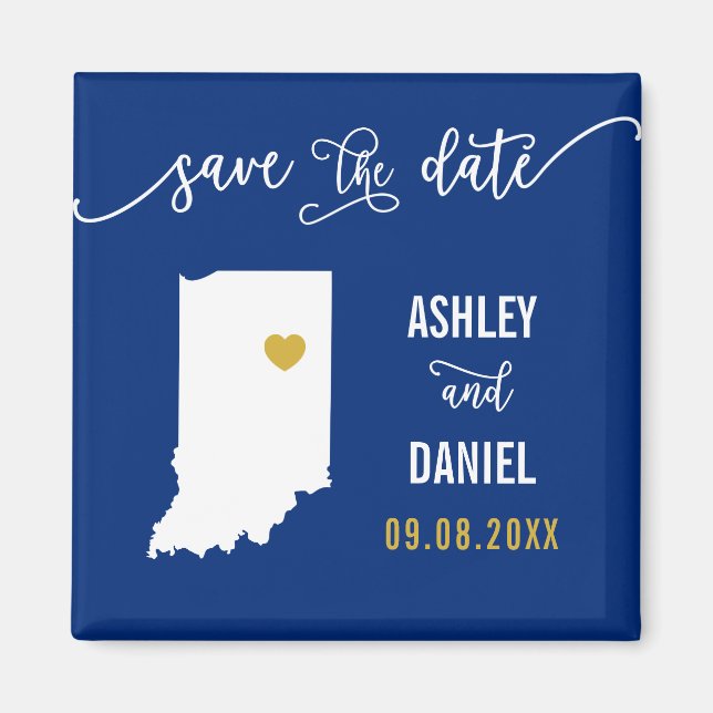 Navy Indiana Wedding Save the Date Map Magnet (Front)