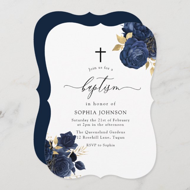 Navy Indigo Blue Floral Gold Leaf Baptism Invitation (Front/Back)