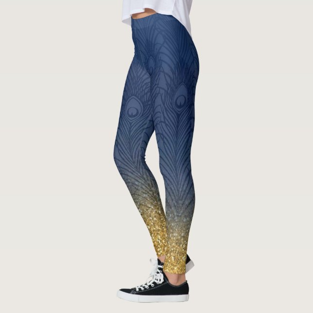 Navy Indigo Blue Glitter Gold Peacock Feather Leggings (Left)