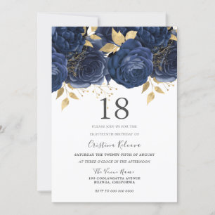 Navy Indigo Blue & Gold Floral 18th Birthday Party Invitation