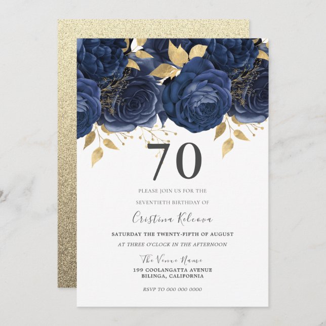 Navy Indigo Blue & Gold Floral 70th Birthday Party Invitation (Front/Back)