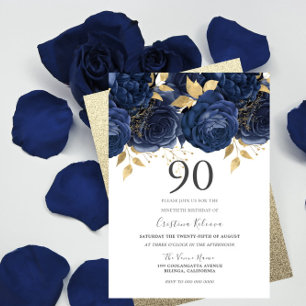 Navy Indigo Blue & Gold Floral 90th Birthday Party Invitation