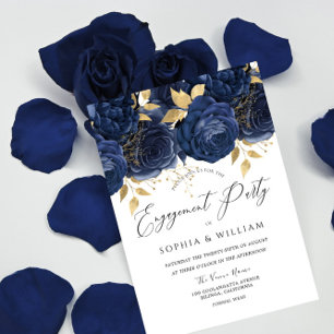 Navy Indigo Blue & Gold Floral Engagement Party Invitation