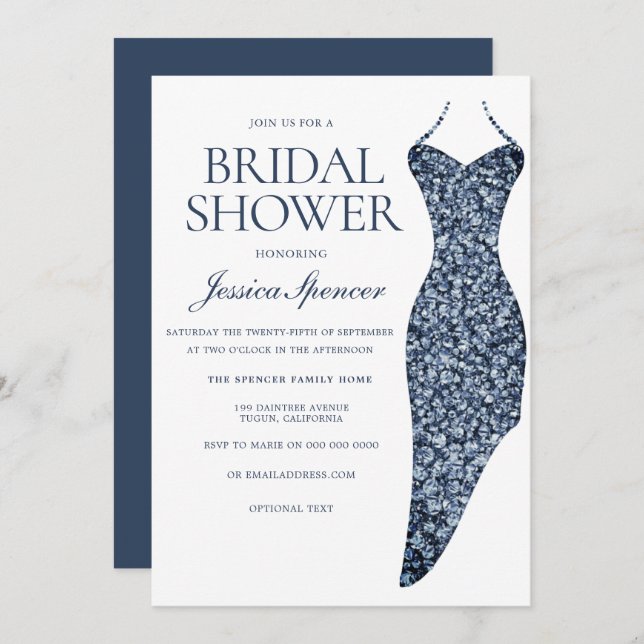 Navy Indigo Blue Sparkle Dress Bridal Shower Invitation (Front/Back)