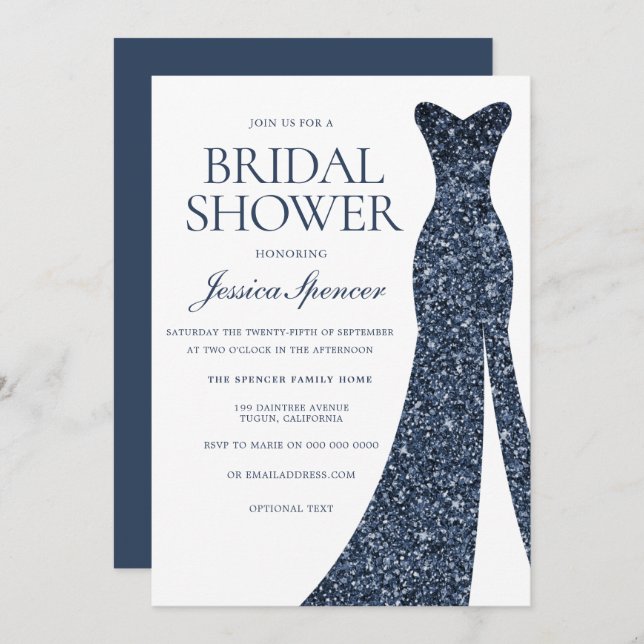 Navy Indigo Blue Sparkle Dress Bridal Shower V2 Invitation (Front/Back)