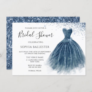 Navy Indigo Glitter Dress Gown Bridal Shower Invitation