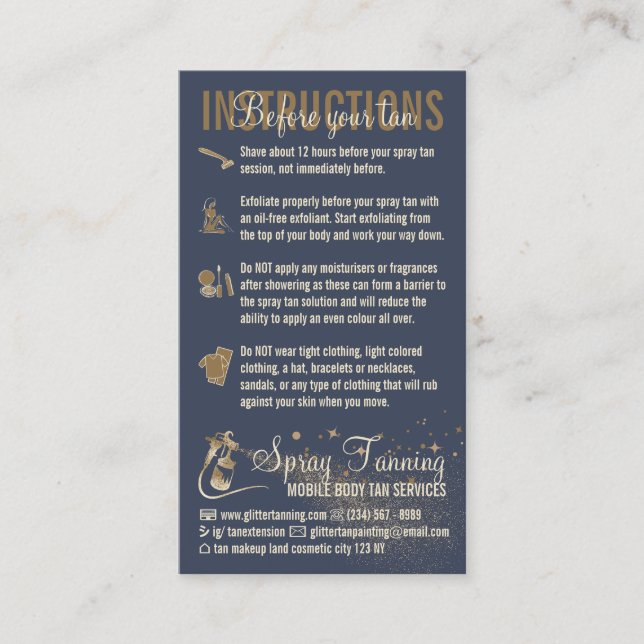 Navy Instructions Spray Tan Before AfterCare Guide Business Card (Front)