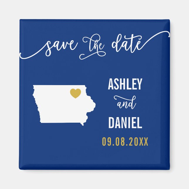 Navy Iowa Wedding Save the Date Map Magnet (Front)