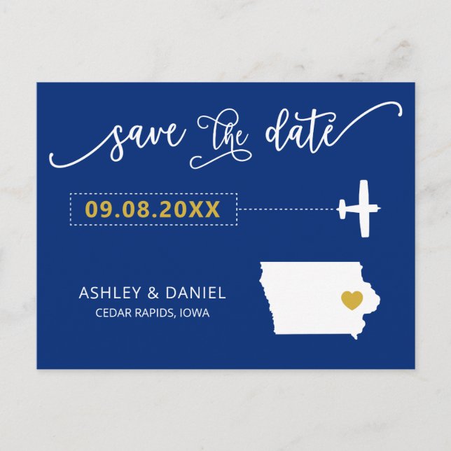 Navy Iowa Wedding Save the Date Map Postcard (Front)