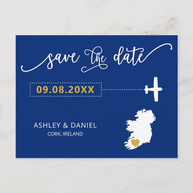 Navy Ireland Wedding Save the Date Map Postcard (Front)