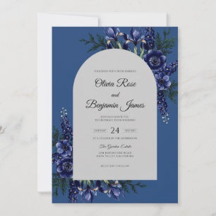 Navy Iris Foliage Eucalyptus Wedding Invitation