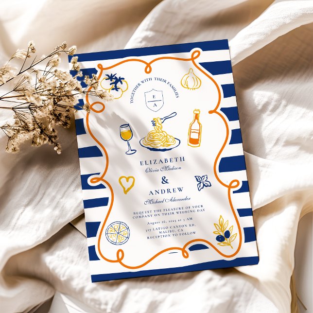Navy Italian Food Wedding Doodles Invitation (Creator Uploaded)