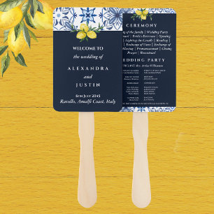 Navy Italian Lemon Mediterranean Wedding Program Hand Fan