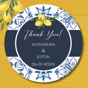 Navy Italian Lemon Mediterranean Wedding Thank You Classic Round Sticker