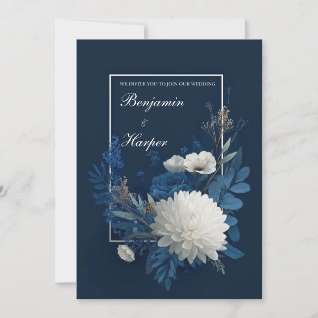Navy & Ivory Bloom Wedding Invitation (Front)