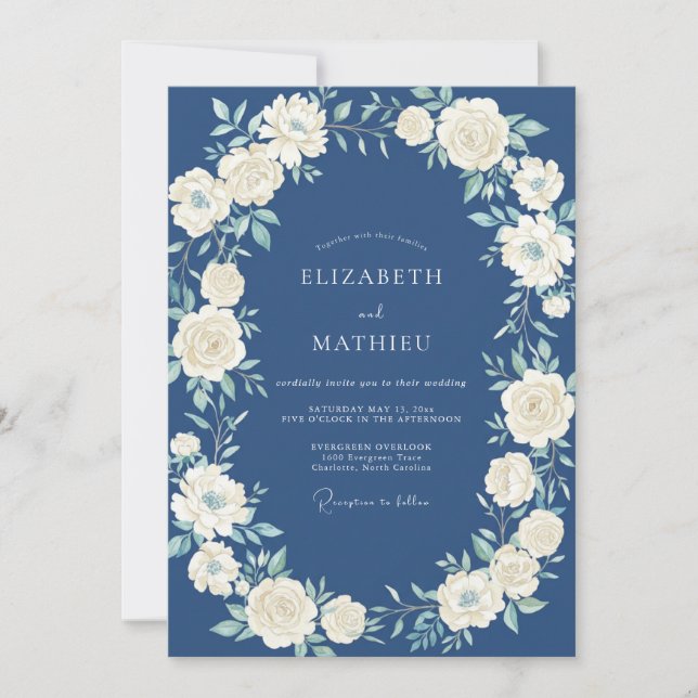 Navy Ivory Botanical Arch Wedding Invitation (Front)