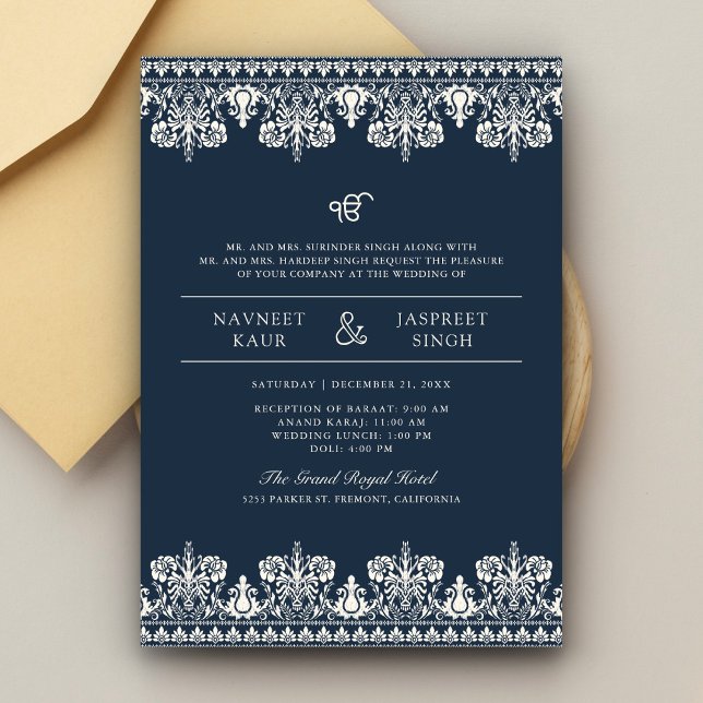 Navy Ivory Damask Border Anand Karaj Sikh Wedding Invitation (Creator Uploaded)