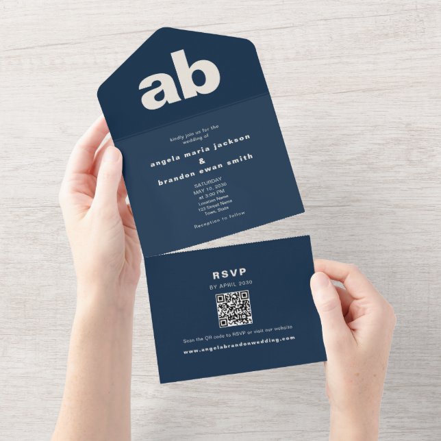 Navy Ivory Editorial Wedding All In One Invitation (Tearaway)