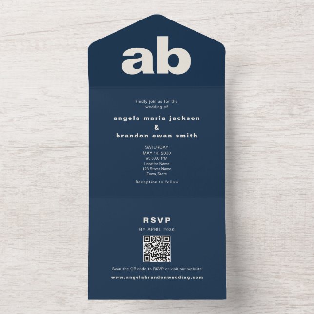 Navy Ivory Editorial Wedding All In One Invitation (Inside)