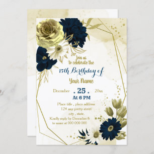 Navy ivory floral gold geometric birthday party invitation