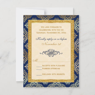 Navy, Ivory, Gold Glitter, Damask Floral RSVP Card
