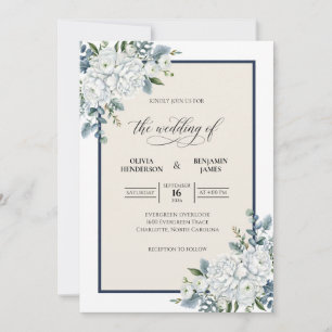 Navy Ivory Hydrangea Eucalyptus Wedding Invitation