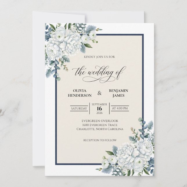 Navy Ivory Hydrangea Eucalyptus Wedding Invitation (Front)