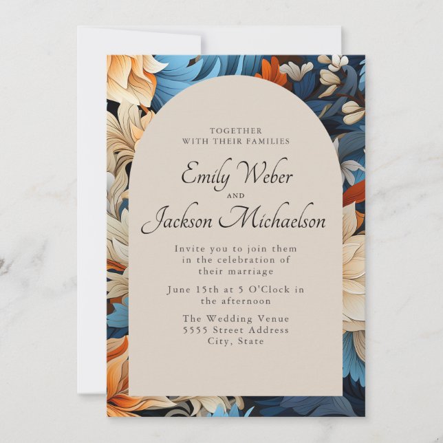 Navy Ivory Orange Floral Arch Wedding  Invitation (Front)