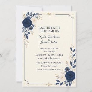 Navy Ivory Rose Gold Botanical Wedding Invitation