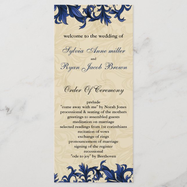 Navy ivory Vintage Flourish Wedding Programme (Front)