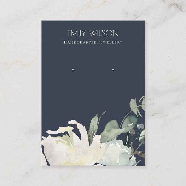 NAVY IVORY WHITE FLORAL BUNCH EARRING DISPLAY BUSINESS CARD (Front)