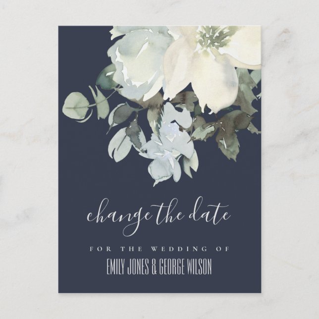 NAVY IVORY WHITE FLORAL WEDDING CHANGE THE DATE ANNOUNCEMENT POSTCARD (Front)