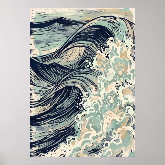 Navy Japanese Wave Art Poster (Front)