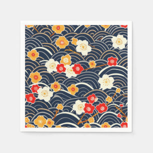 Navy Japanese Wave Plum Blossom Floral Pattern Napkin