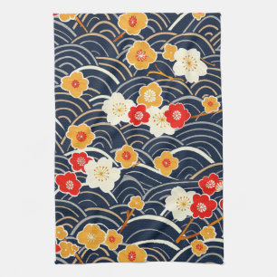 Navy Japanese Wave Plum Blossom Floral Pattern Tea Towel