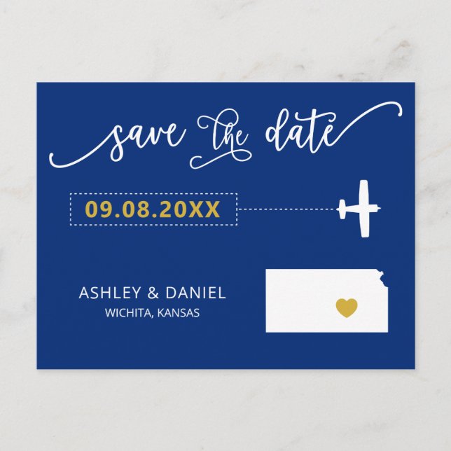 Navy Kansas Wedding Save the Date Map Postcard (Front)