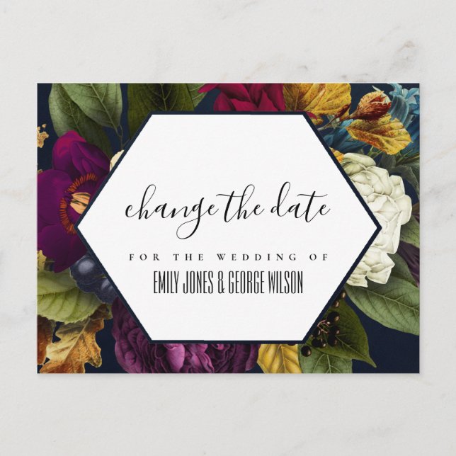 NAVY KRAFT BURGUNDY FLORAL WEDDING CHANGE THE DATE ANNOUNCEMENT POSTCARD (Front)