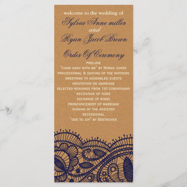 Navy Lace and Kraft Paper Wedding Programme (Front)