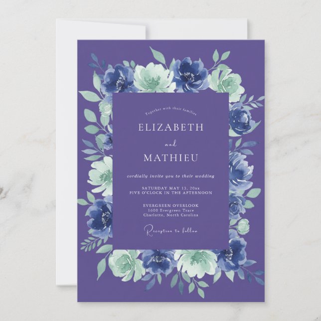 Navy Lavender Floral Flourish Wedding Invitation (Front)