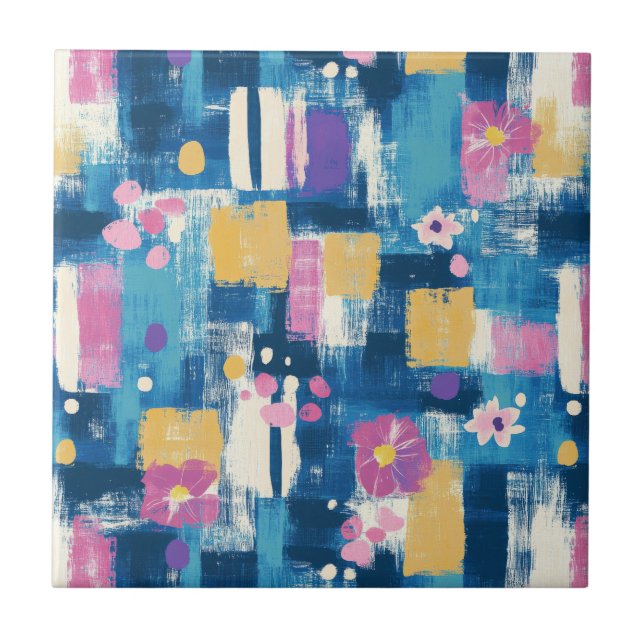 Navy Lavender Magenta Geometric Floral Pattern Tile (Front)