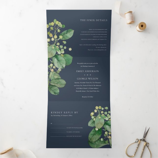 NAVY LEAFY FOLIAGE GREENERY WATERCOLOR WEDDING Tri-Fold INVITATION (Inside)