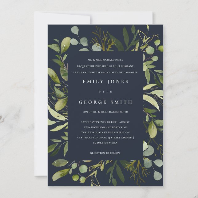 NAVY LEAFY FRAME GREEN FOLIAGE WATERCOLOR WEDDING INVITATION (Front)