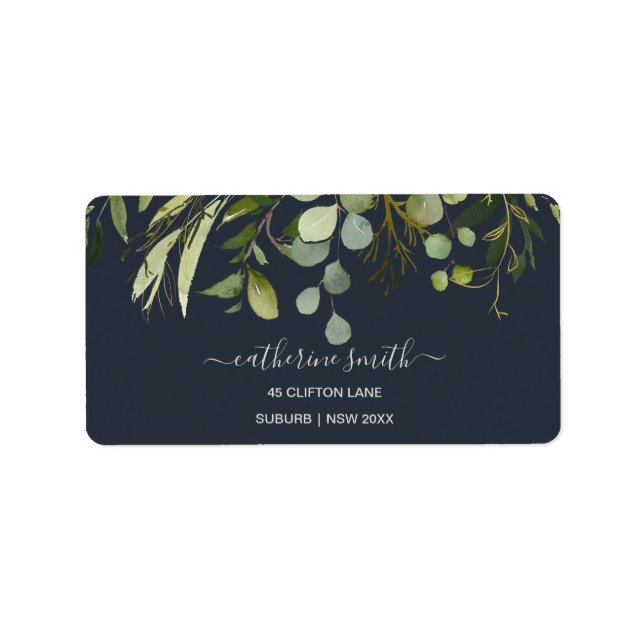 NAVY LEAFY GREEN FOLIAGE WATERCOLOR  ADDRESS LABEL (Front)