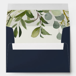 NAVY LEAFY GREEN GOLD FOLIAGE WATERCOLOR ADDRESS ENVELOPE