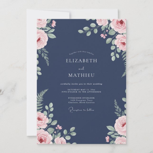 Navy Leafy Petal Wedding Invitation (Front)