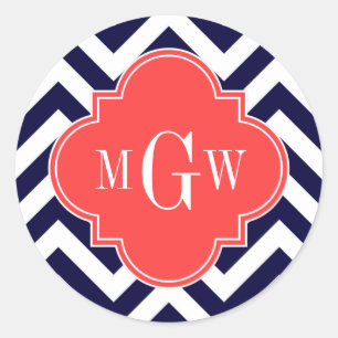 Navy Lg Chevron Coral Red Quatrefoil 3 Monogram Classic Round Sticker
