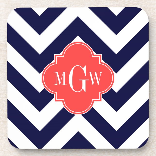 Navy Lg Chevron Coral Red Quatrefoil 3 Monogram Coaster (Front)