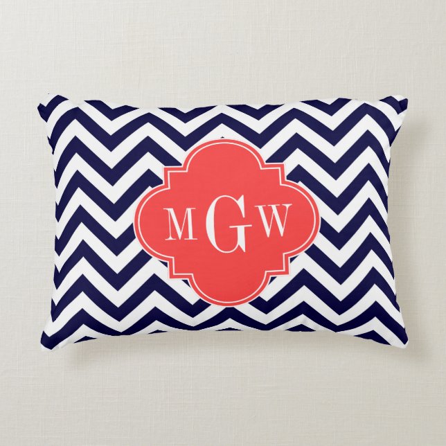 Navy Lg Chevron Coral Red Quatrefoil 3 Monogram Decorative Cushion (Front)